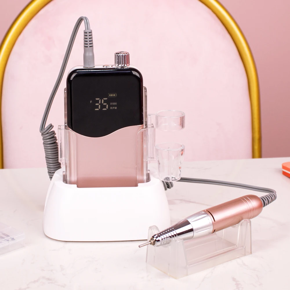 Light Rose Gold 35000 RPM Portable Electric Nail Drill Machine Nail File Nail Drill Bits Cordless Polisher with Desktop Base