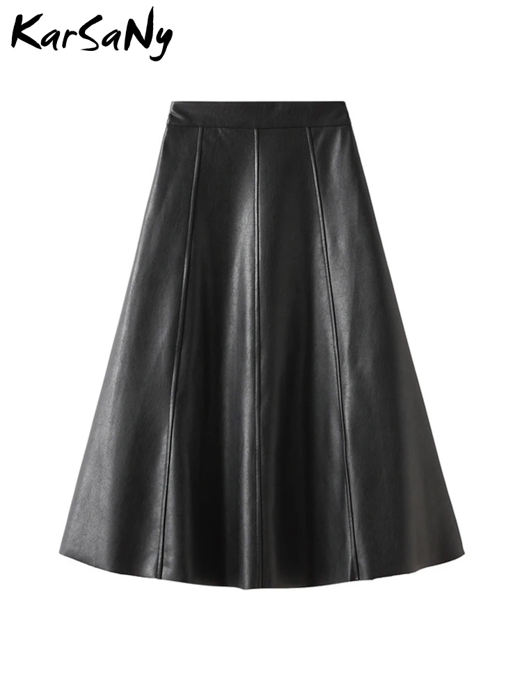 

KarSaNy Beige A Line Leather Skirts For Women Midi Vintage High Waist PU Skirts Ladies Black Women umbrella skirt PU Leather