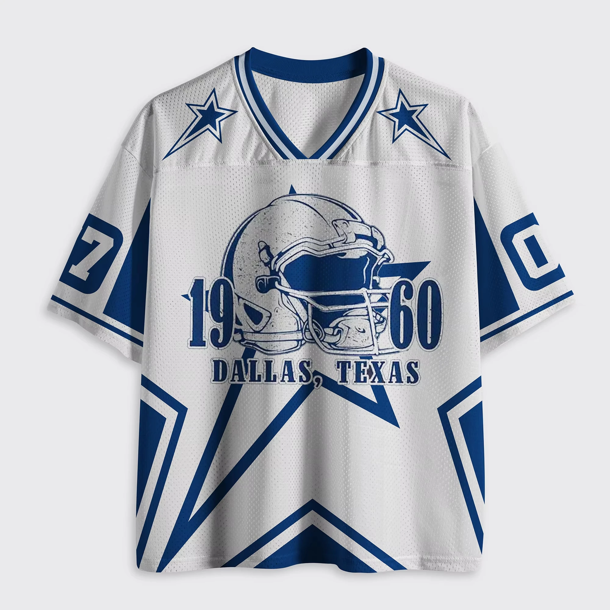 2026 Neues V-Ausschnitt Mesh-Trikot Blauer Stern Football-Helm Texas City Vorder- und Rückseite Nummer 07 Kurzarm-Sport-T-Shirt Familien-Partnerlook