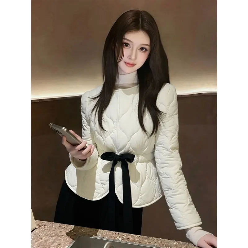French Office Trendy Women Slim Fit Quilted Jacket Cream White Cropped Coat with Black Bow Belt Elegant Waist-Cinching Outerwear