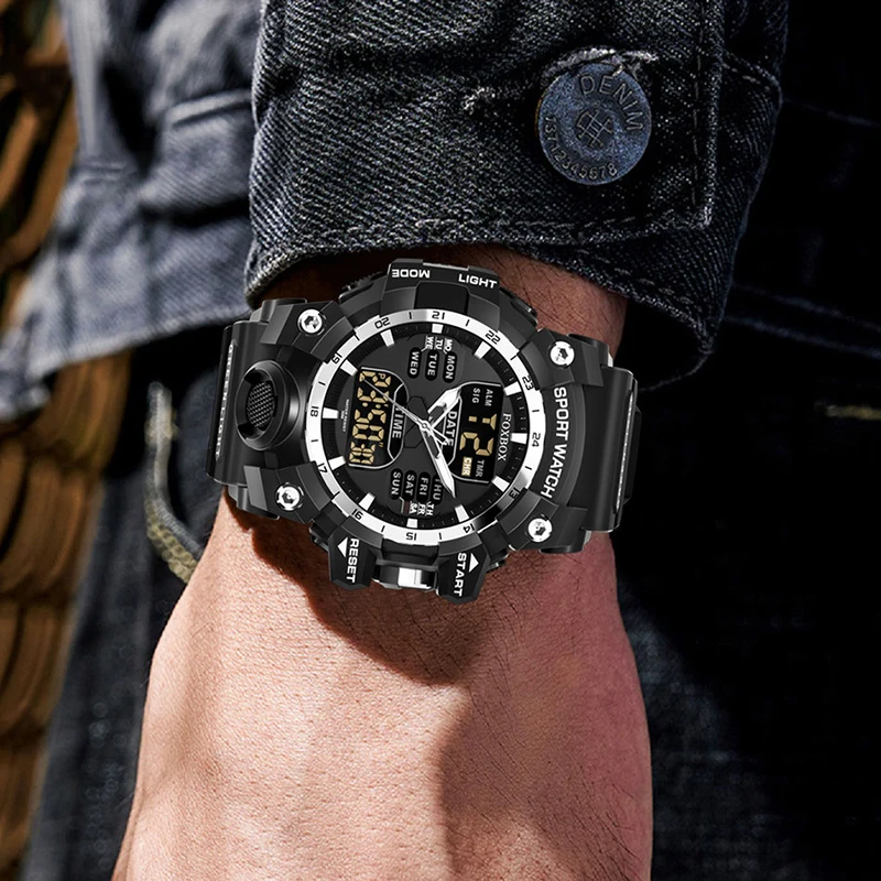 FOXBOX Fashion Electronic Man Watch Outdoor Waterproof LED Light Casual Sport Dual Digital Display Alarm Week Date Stopwatch+Box