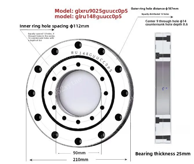 RU148GUUCC0P5 RU148XUUCC0P5 Level Inner Ring Bore Distance ф112mm, Outer Ring Bore Distance ф187mm, Rotary Cross Roller Bearing