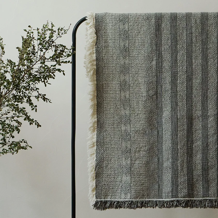 Vintage Cotton Linen Blend Throw Blanket 245x250cm- Jacquard Fringe Decorative Couch Cover Sofa Bedspread Foot of Bed Blanket