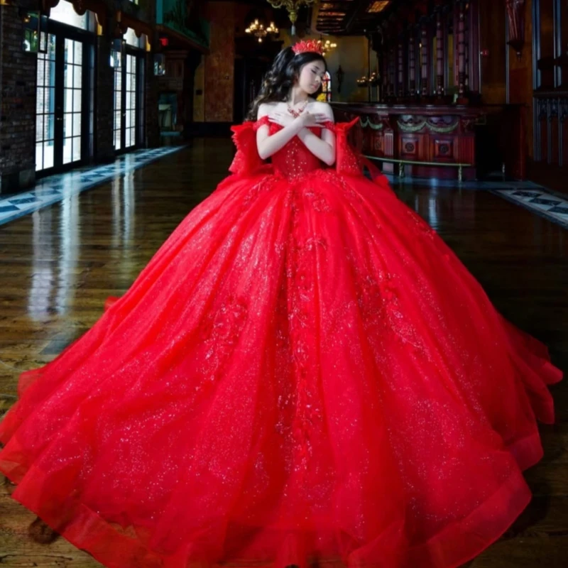 

Red Shiny Quinceanera Dresses Off The Shoulder Applique Lace Beading Crystal Bow Tull Corset Party Birthday Sweet 16 Dress