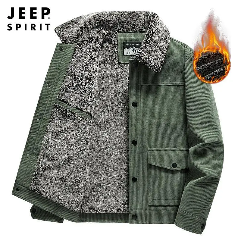 JEEP SPIRIT Autumn and Winter New Men Corduroy Collar Cotton Suit Fashion Simple Loose Size Coat Mens Casual Plush Warm Overcoat