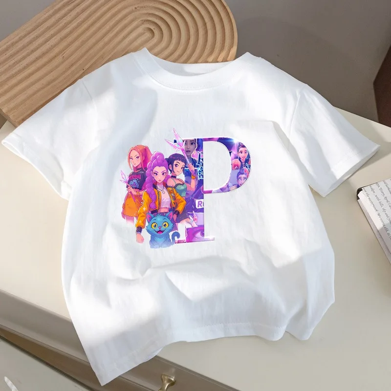 

Футболки KPop Demon Hunter для девочек, футболка с рисунком аниме и надписью A-Z, детская летняя модная одежда, милая детская футболка, подарки