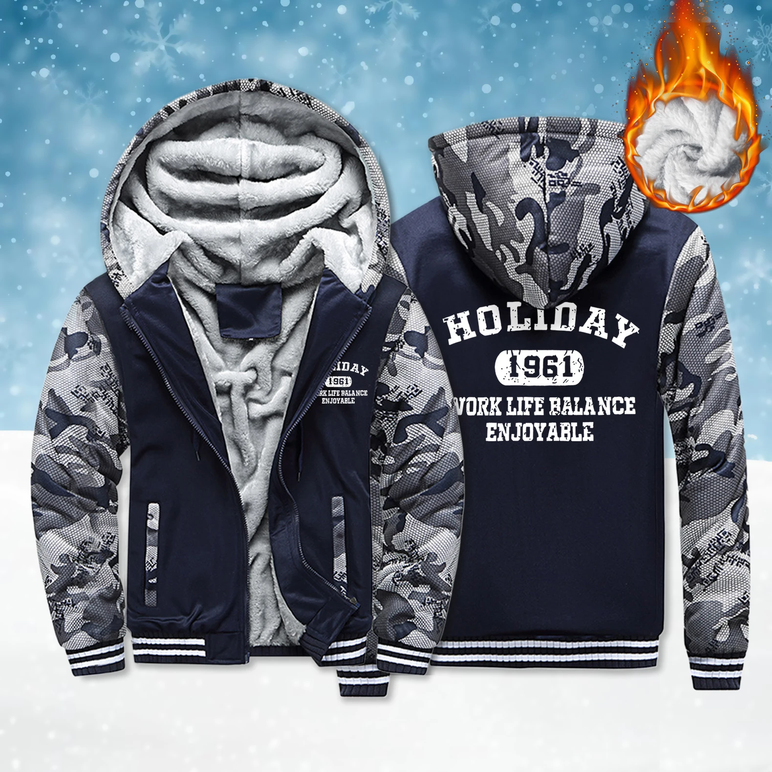 

Holiday 1961 Enjoyable Print Zipper Thicken Coat Men Winter Fashion Pocket Top Fleece Vintage Hoodies Unisex Loose Long Sleeve
