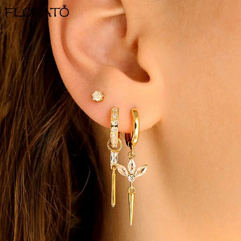 

925 Sterling Silver Needle Fashion White Zircon Pendant Hoop Earrings for Women New Gold Color Long Earrings Party Jewelry Gift