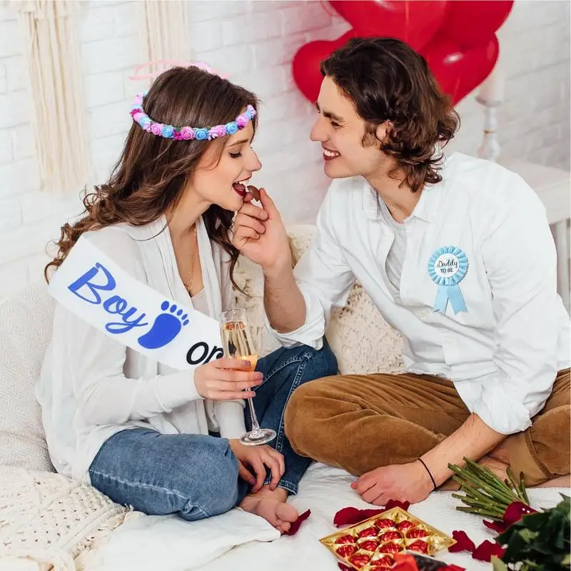 Junge oder Mädchen Schärpe 5 stücke Geschlecht offenbaren Schärpe Party liefert rosa blaue Mutter Schärpe Papa zu sein Stifte Blume Stirnband Armband für