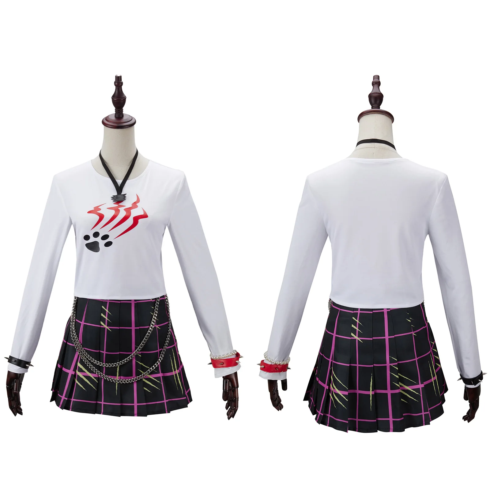 Anime Cat Cosplay Costume Wolf Girl Red Punk Rivet Leather Jacket Uniform Set Halloween Carnival Song Dance Performance Dress