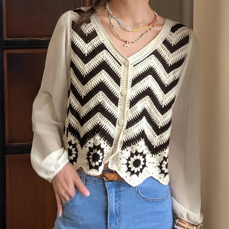 

Granny Square Crochet Top Boho Contrast Sleeve Button Front Blouse Shirt Women Beach Cover-up Cardigan Spring Summer 2026 Boho
