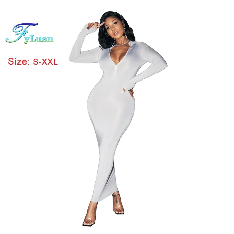 2025 High-End Women's Long Dress Solid Color Deep V Long Sleeve Tight Fitting Female Ankle Length Dress Sexy Fashion Prom Gowns