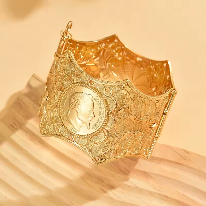 An Algerian Bride's Bracelet Jewelry With Napoleon Graphic Coin Design Finely Carved, A Wrist Accessory For Wedding Dress - Image 8