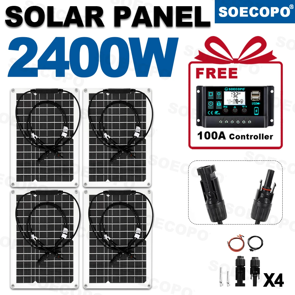 SOECOPO 2400 W Camping-Solarpanel-Set – 4 Photovoltaik-Panels, kostenloser 100-A-Controller USB 5 V für Campingausrüstung und Outdoor-Reisen