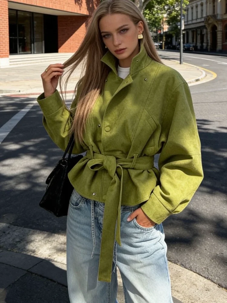 

Spring Green Women Jacket Belt Tunic Lapel Single Breasted Long Sleeve Cropped Female Coat Fashion Lady Streetwear 2026 New