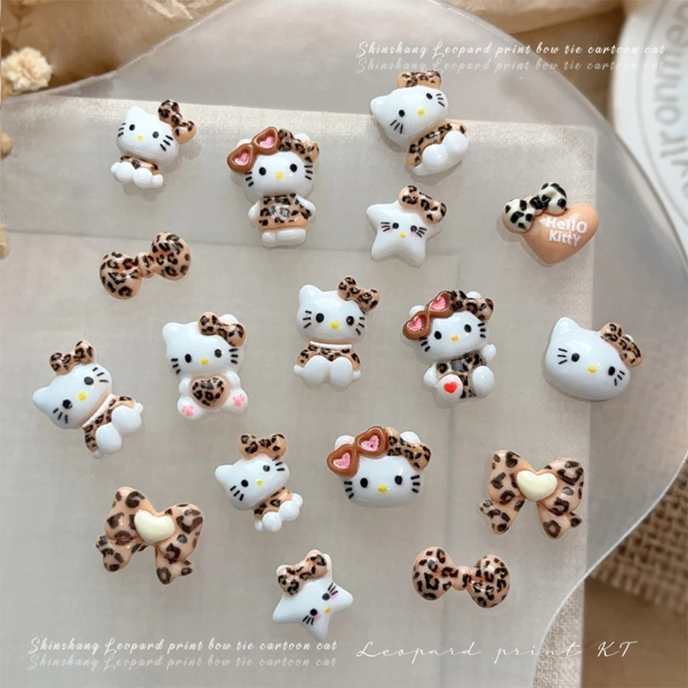 50 Uds. Mini abalorio de uñas con estampado de leopardo 3D de Hello Kitty, lazo de leopardo Kawaii, estrella, corazón, diamantes de imitación, cabeza de gato, decoración artística de uñas