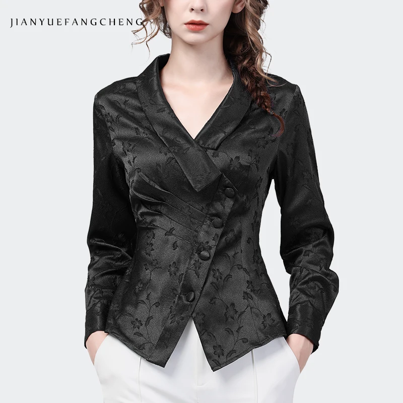 Vintage Women Long Sleeve V-Neck Dark Color Jacquard Satin Blouse Elegant Slim Cinch Waist Short Spring Summer Top Casual Shirts