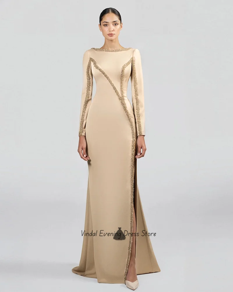 

Vindal Crepe Scoop Neckline Long Sleeves Simple Evening Dresses For Women 2025 With Beading Backless Floor Length Prom Gown