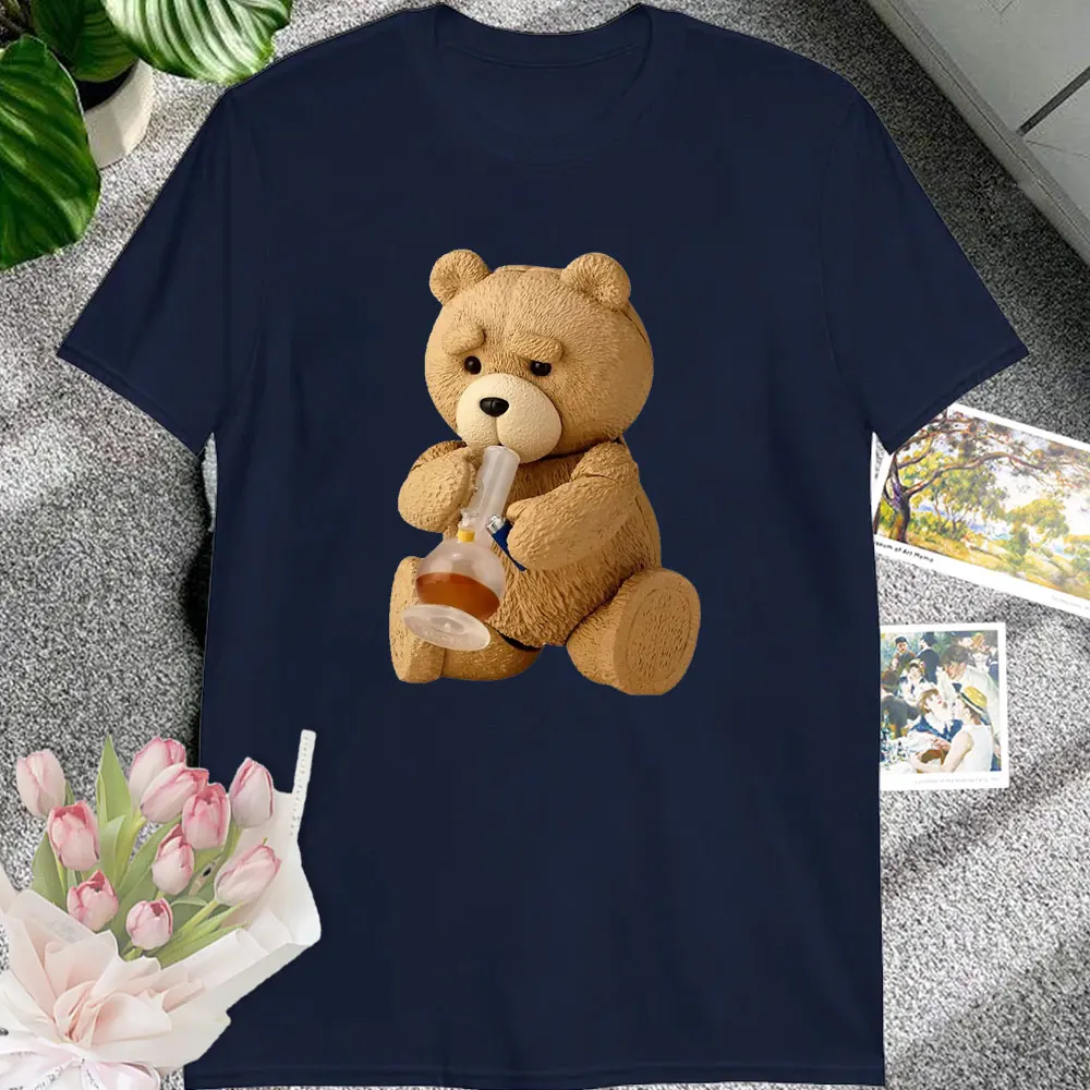 New Men's Print Cute Teddy Bear Drinking Beer Poster T-Shirt Summer Short Sleeve Tee High Quality Cotton Shirt Cool TShirt Top