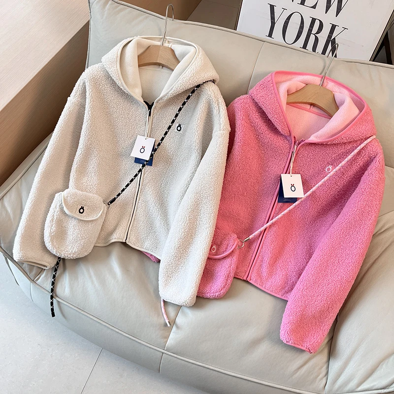 

2025 new casual small lightweight warm pink fleece short hooded cardigan jacket top for women
