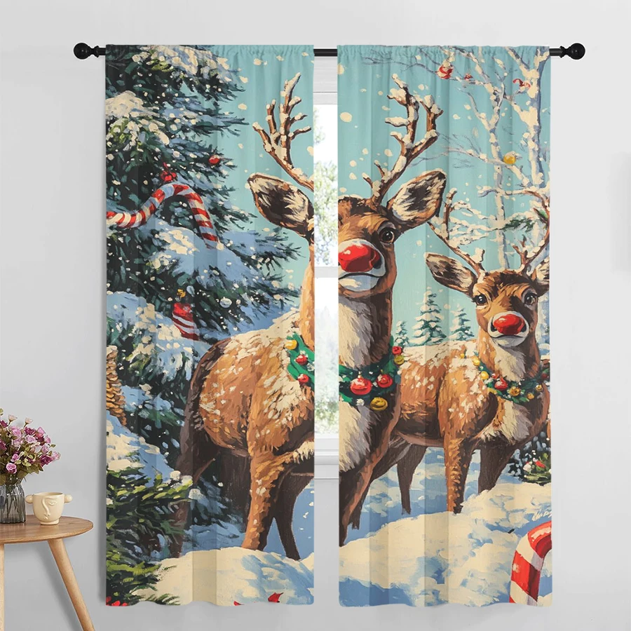 2PCS Christmas Winter Curtains, Red Nose Reindeer Snow Oil, Digital Print, Bedroom Living Room, Rod Pocket Polyester, Home Decor
