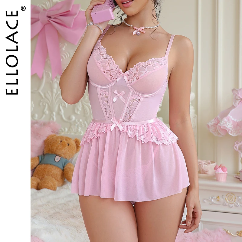 

Ellolace Valentine Woman Clothes Cute Fairy Dress Thong 2PC Sexy DeepV Lace Bowknot Seductive See Through Set Romantic Sleepwear