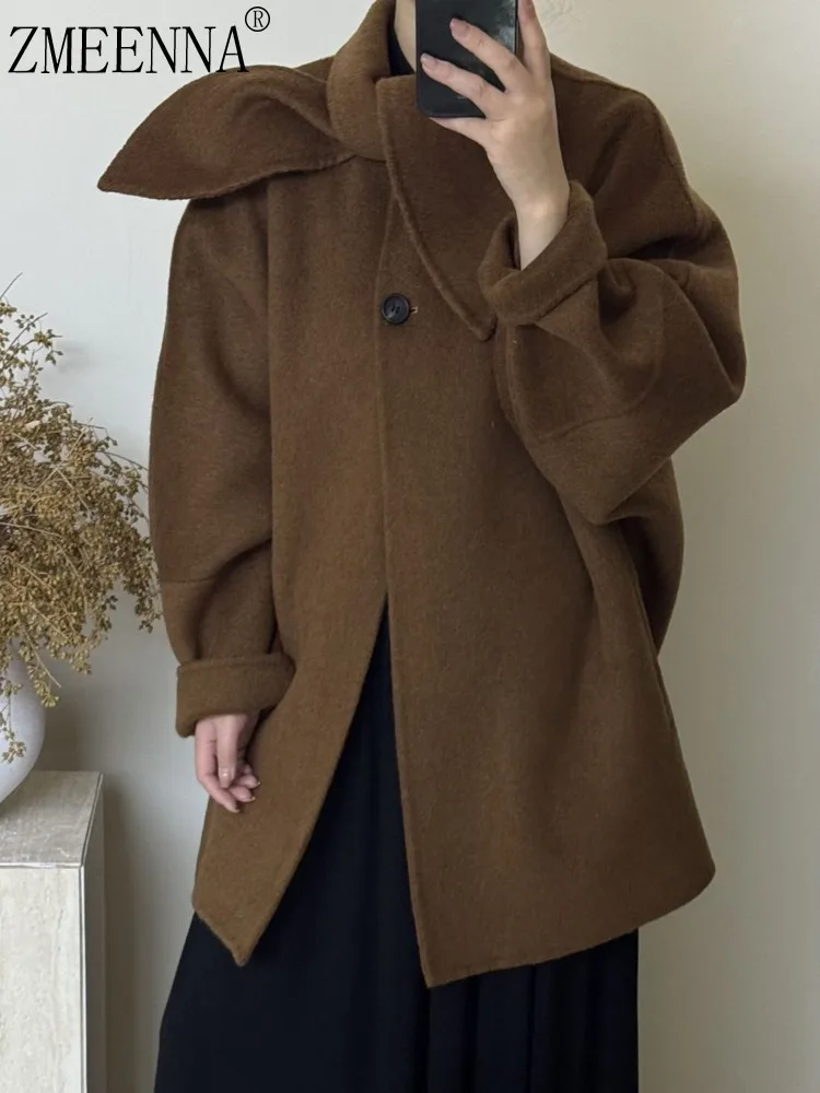 

ZMEENNA Women's Elegant Wool Blend Short Coat Oversized Single Button Brown Jacket Winter Warm Thick Outerwear ZM3616