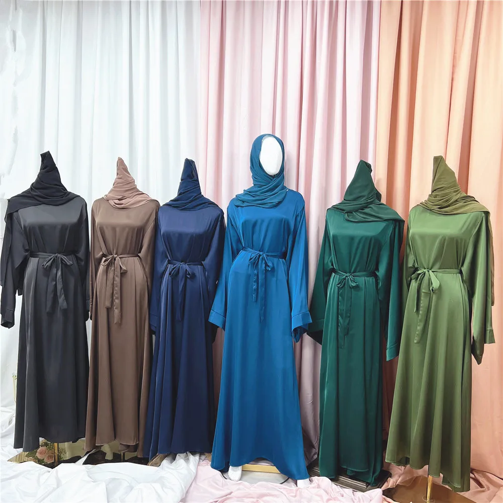 Ramadan Eid Satin Abaya Hijab Dress Set Dubai Muslim Turkey Islam Kaftan Women Robe Femme Musulmane Jalabiya Marocain Caftan New