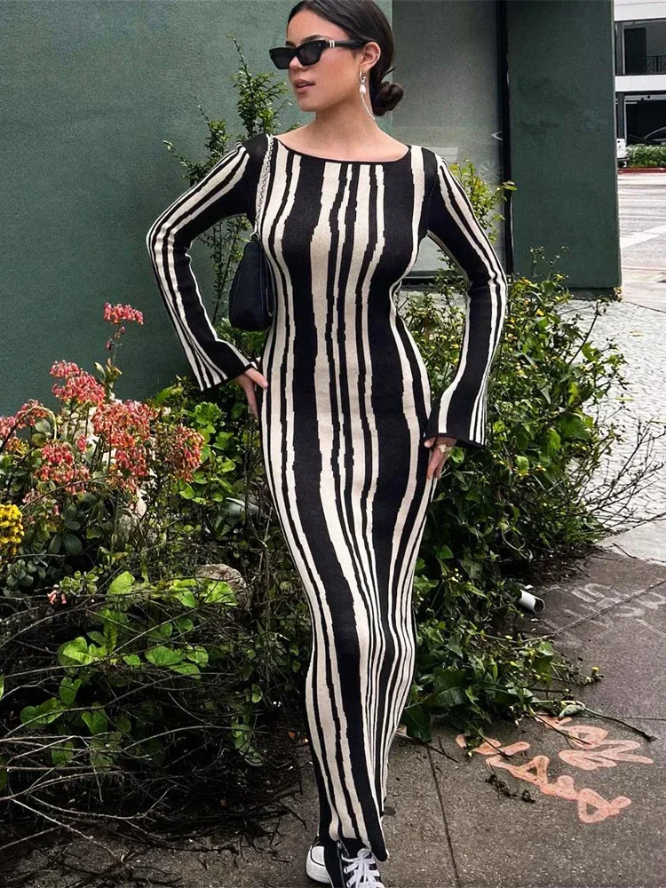 

2024 Knit Striped Wrap Dress For Women Fashion Contrast High Street Slim Fashion Long Dress Pullover Knitwear High Waist Dress