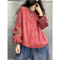 95% Cotton Pullovers Women Fashion Cuff Embroidery Design Pullover Casual Loose O-neck Vintage Top Spring Autumn Thin Sweatshirt