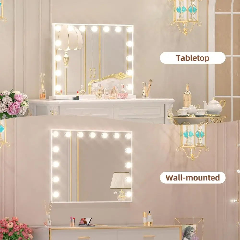 Bluetooth スピーカー付き照明付きバニティミラー、22.8x 18.1、調光可能な LED 15 個、USB ポート、3 つのカラーモード