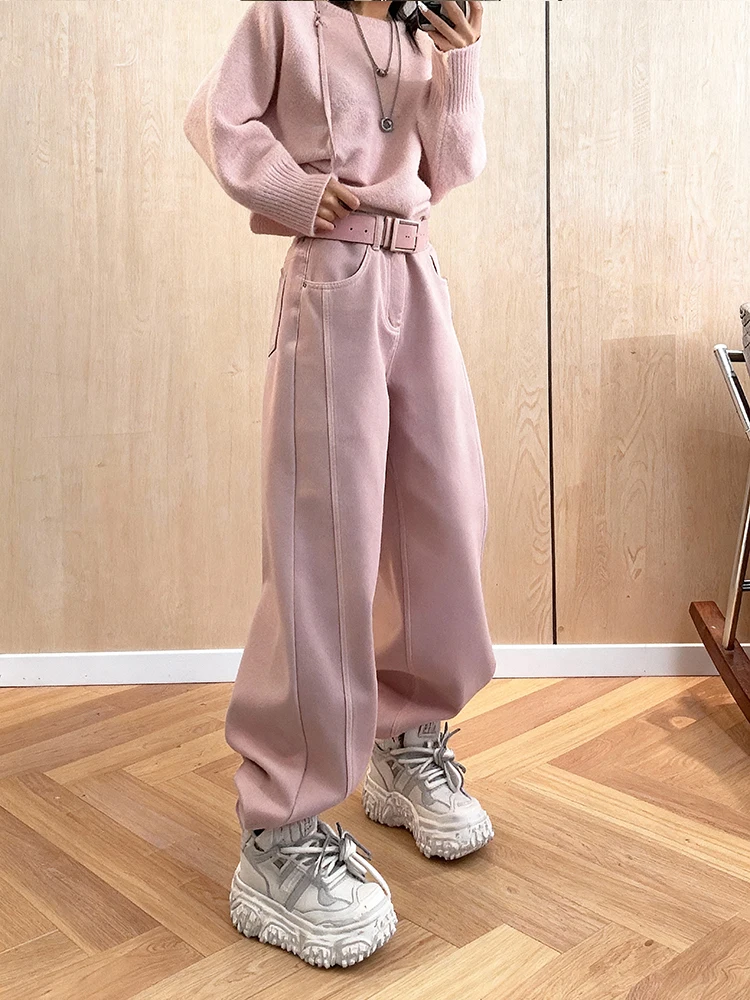 

Winter Thiened Fce High Waist Lazy Sle Versatile Women's Jeans Pink Slimming Knife Casual Comfortable Bootcut
