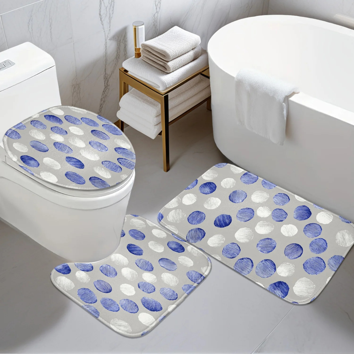 

Bathroom Anti-slip Mat -3pcs Set - Gray And White Base Color with Blue And White Dots 2D Flat Design Pattern - Digital Printing