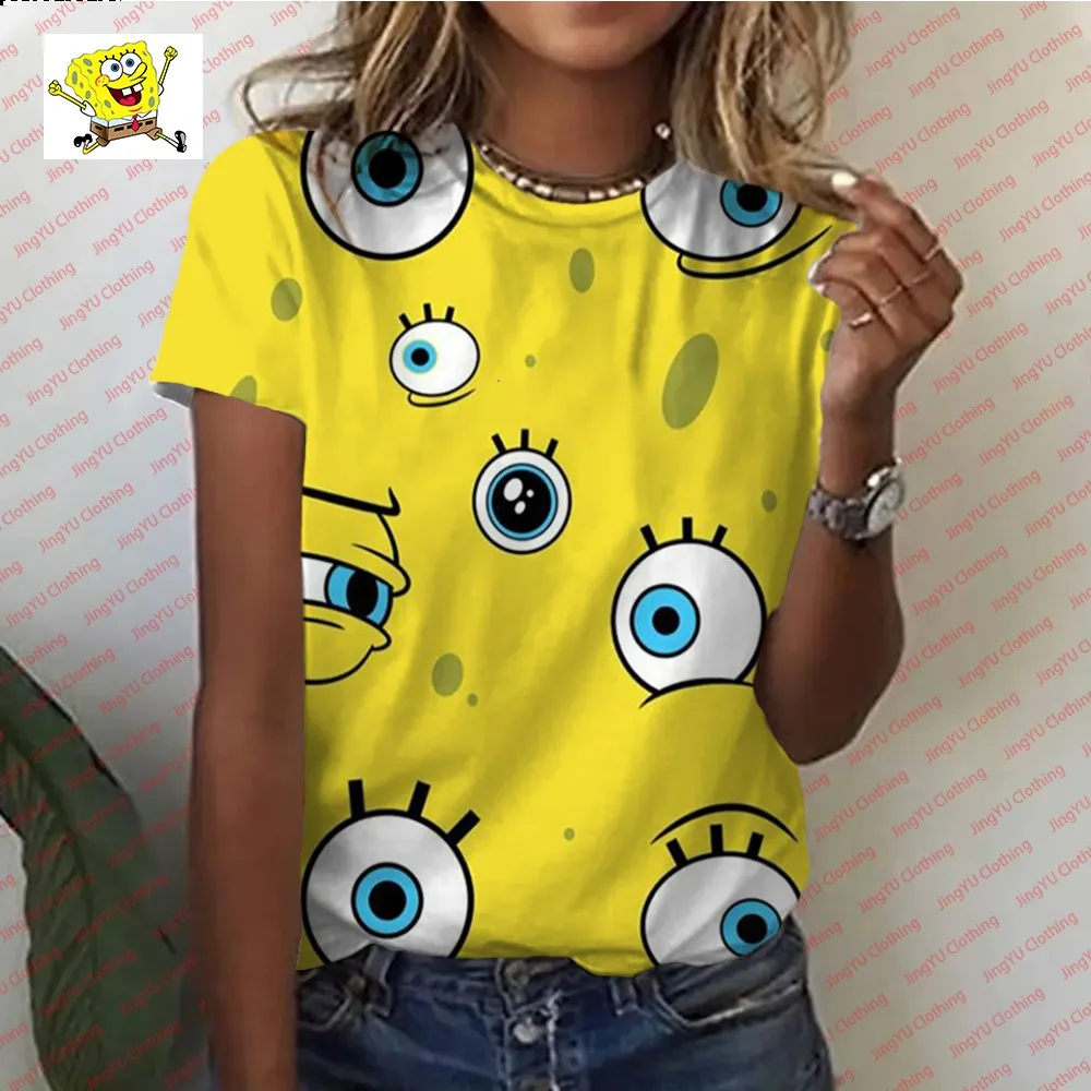 Street Harajuku 2023 summer new style youthful and cute Spongebob cartoon printed bottoming shirt women\'s round neck T-shirt y2k