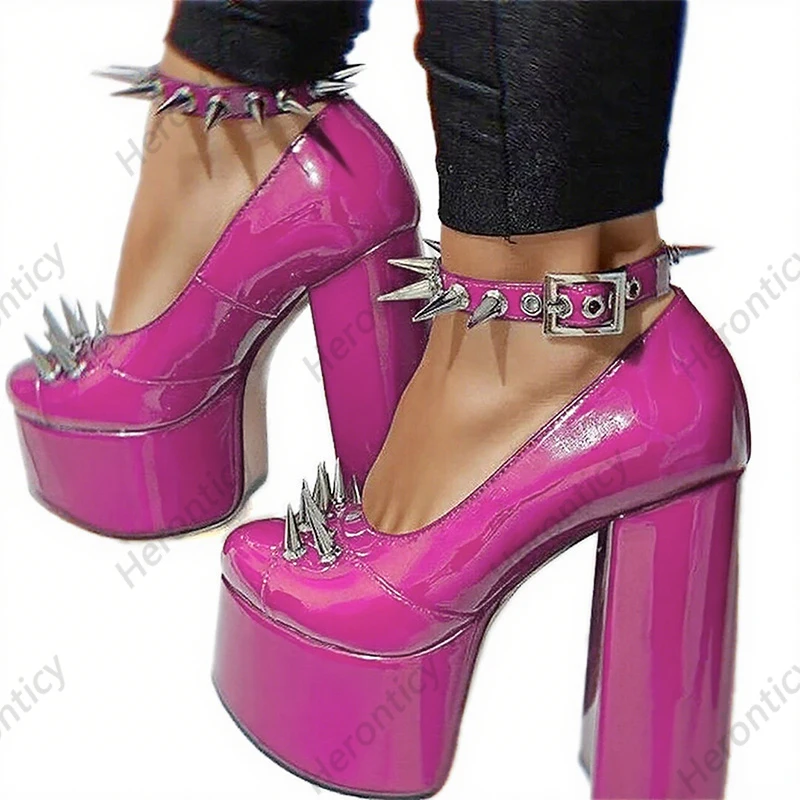 

Handmade Women's Yellow Platform High Heels with Studded Ankle Strap - Chunky Block Heel Pumps Ladies US Plus Size 5-20