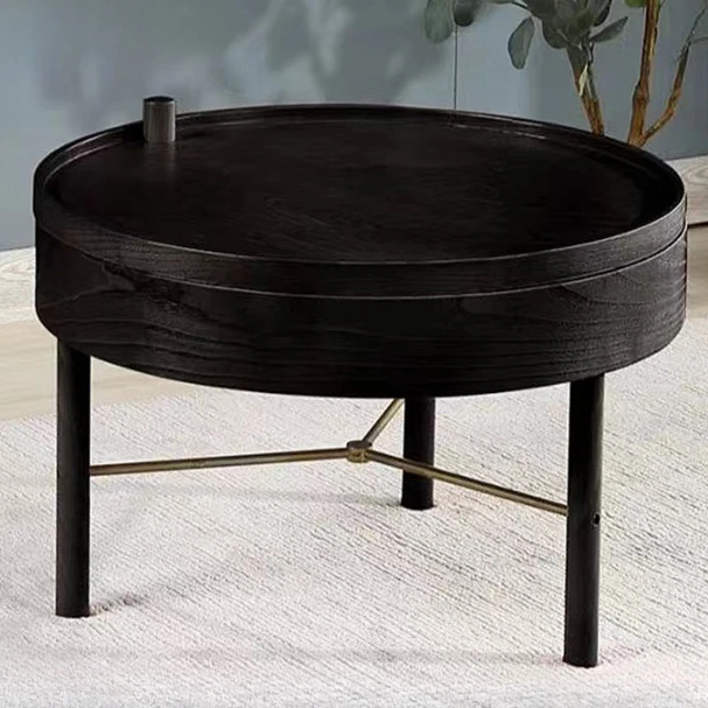 Solid Wood Round Table for Small Apartment, Multi-functional Living Room Combination, Rotating Storage, Nordic, Small Apartment