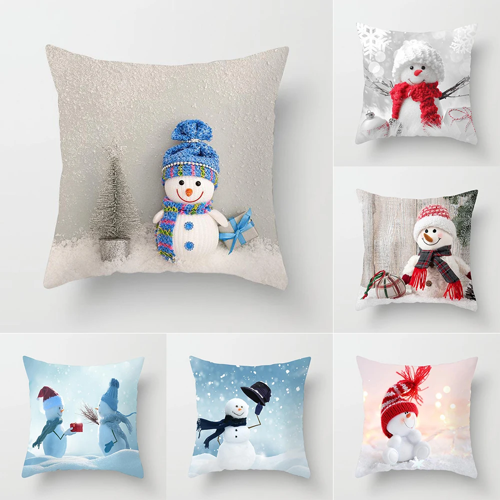 

MerryChristmas Cartoon Snowman Print Pattern Cushion Cover Home Living Room Sofa Decoration Square Polyester Pillow