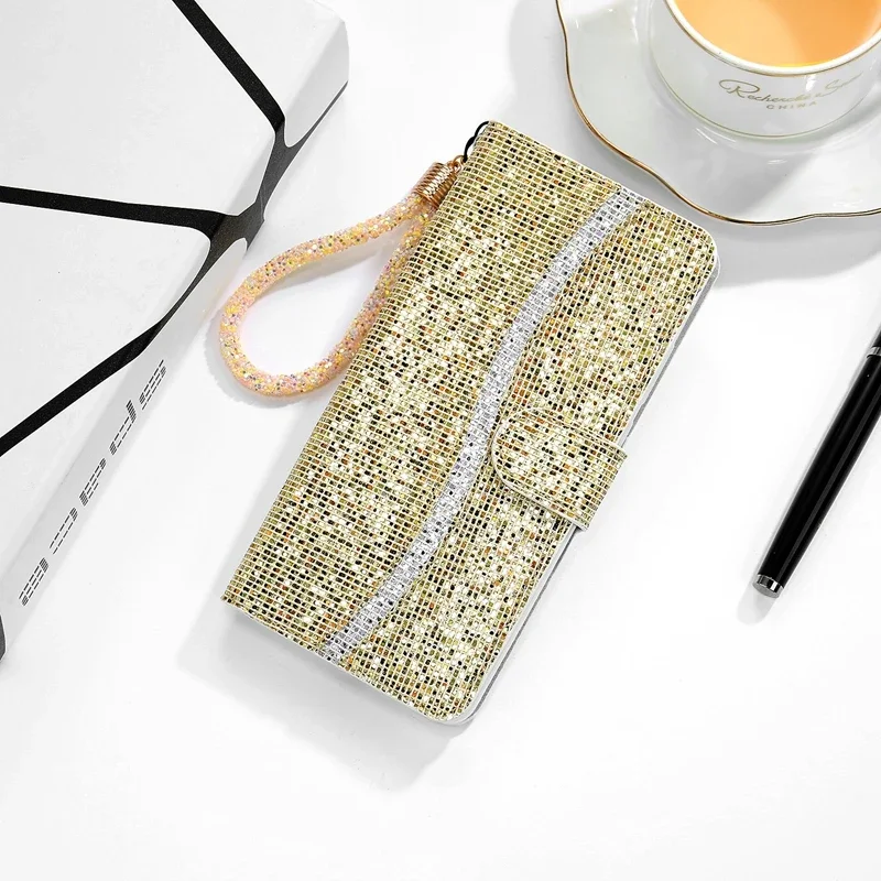 Glitter Anti-fall Wallet Flip Leather Case For iPhone 16 Pro Max 15 Plus 14 13 Mini 12 11 SE2 X XR XS 8 7 With Hand Strap Cover image 3