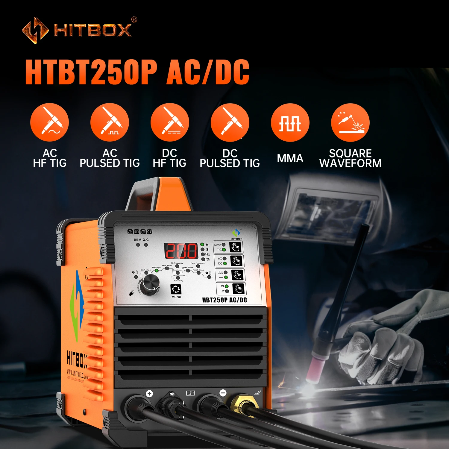 AC/DC TIG Welder HITBOX HBT250P HF TIG MMA ARC Stick Pulse Argon 2T/4T IGBT Inverter Aluminum Welding Machine EU Plug