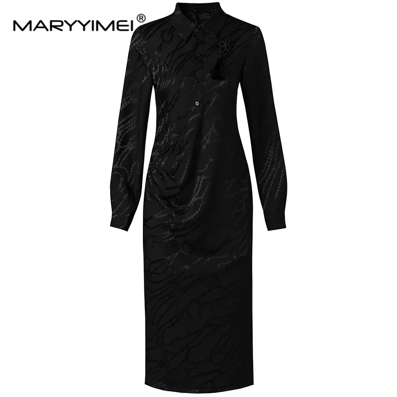 

MARYYIMEI New Fashion Runway Designer Women's Chinese Style Shirt Wrap Hip Skirt High-End Jacquard Slim Long Sleeve Green Dress