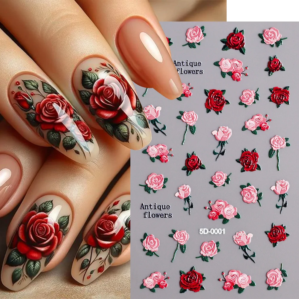 1pcs Pink Thorn Rose 5D Embossed Nail Art Sticker Colorful Floral Petals Butterfly Adhesive Sliders Wedding Design Nail Supplies