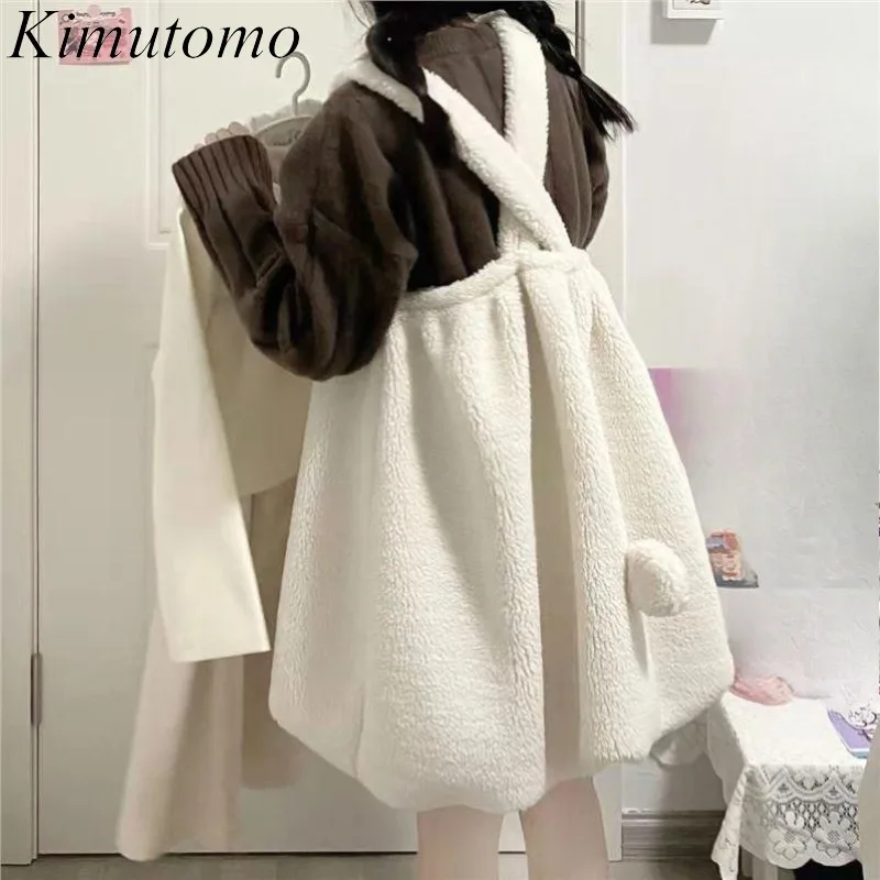 Kimutomo Autumn Winter Sleeveless Dresses Women Ins Fashion Faxus Lamb Wool Cute Tail Plush Japanese Style Kawaii Dress Ladies