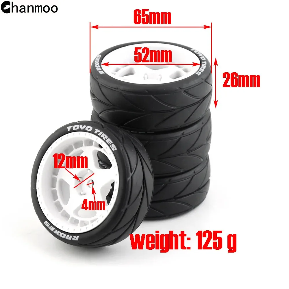 Chanmoo 4Pcs 65mm Plastic Wheel Rim Tires Rubber Tyre for 1:10 RC Racing On-Road Car Tamiya TT01 TT02 XV01 KYOSHO WLtoys HPI HSP