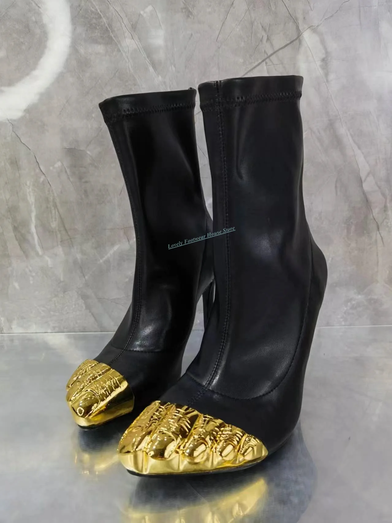 Sexy Gold Split Toe Black Leather Woman Mid-Calf Boots Stiletto High Heel Female Back Zipper Soft Leather Ankle High Top Boots