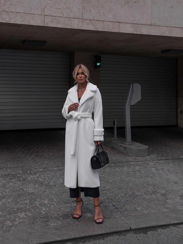 

Notched Collar Faux Fur Jackets with Belt Long White Furry Jackets Fluffy Slim Elegant Elegant Faux Rabbit Plush Coat Warm Thick