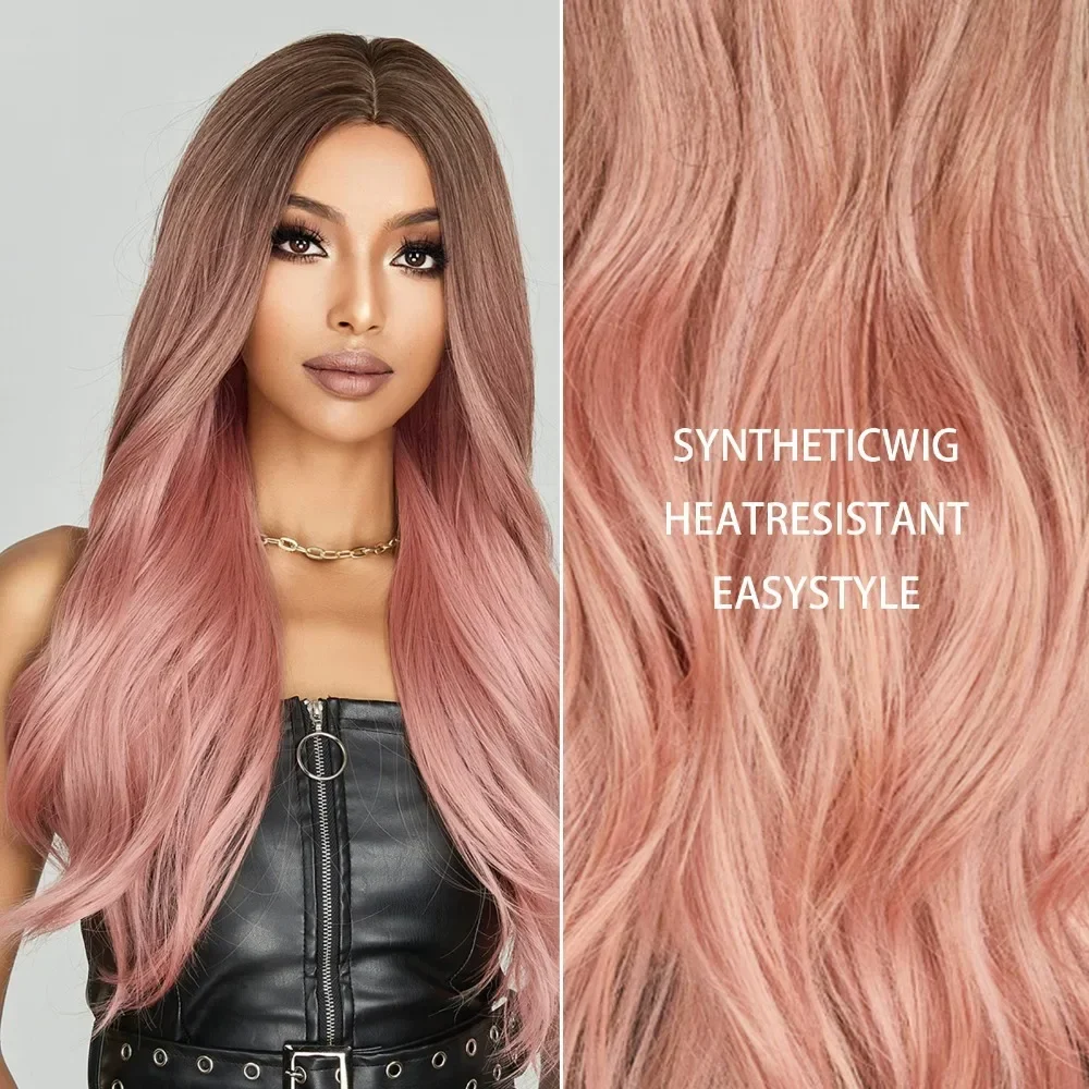 Woman Wigs Long Curly Wave Synthetic Wigs Ombre pink with Bangs for Women Daily Cosplay Party Wig Heat Resistant Fake Hairs