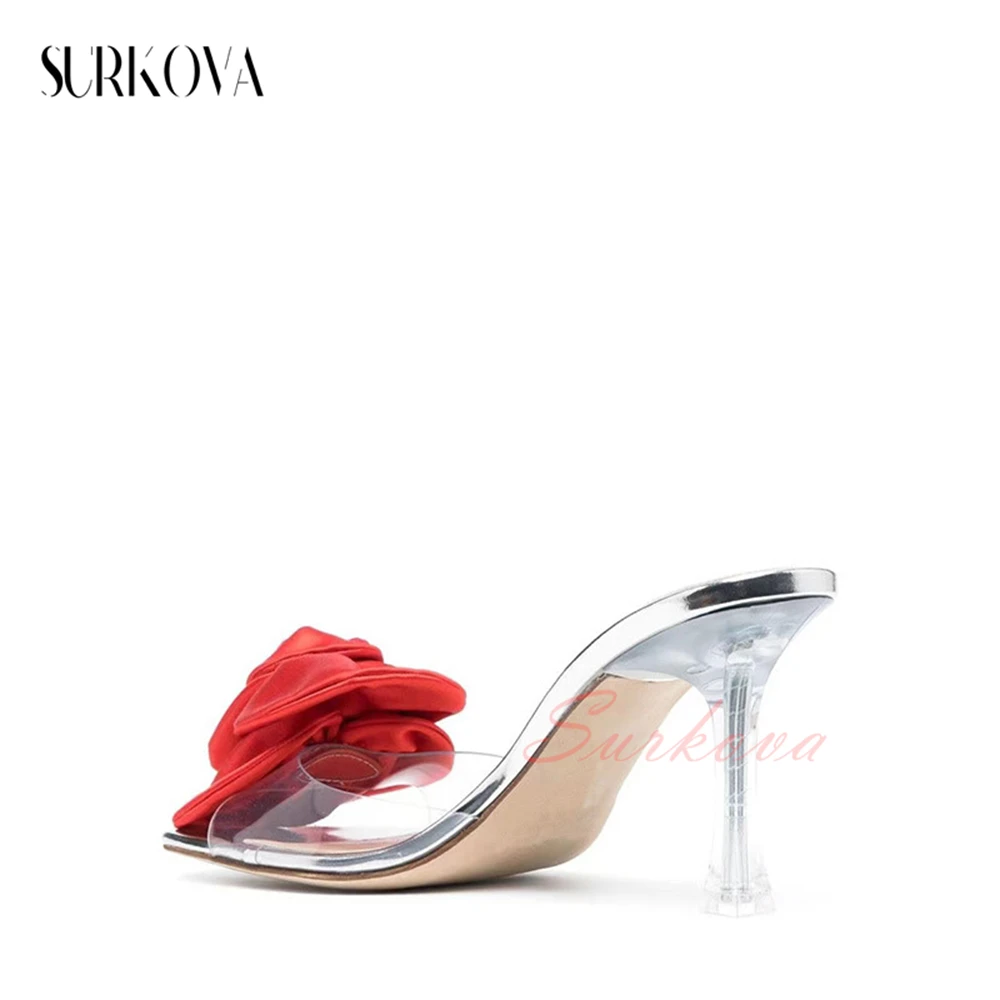 Red Satin Rose Slippers Transparent Pvc Open Toe High Heel Sandals Ladies Summer Outdoor Slippers Fashion Cat Heel Slippers New