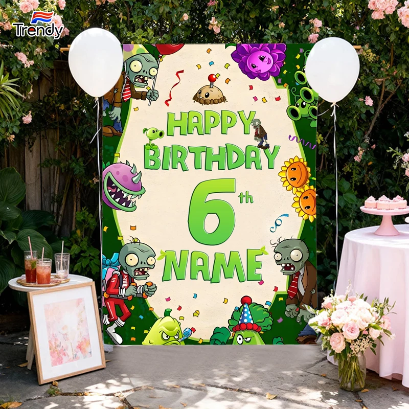 Birthday Party Decoration Backdrop Custom Name Zombies Boys Background Boy Banner Plants Personalized Name Decor Kids 6th 7th