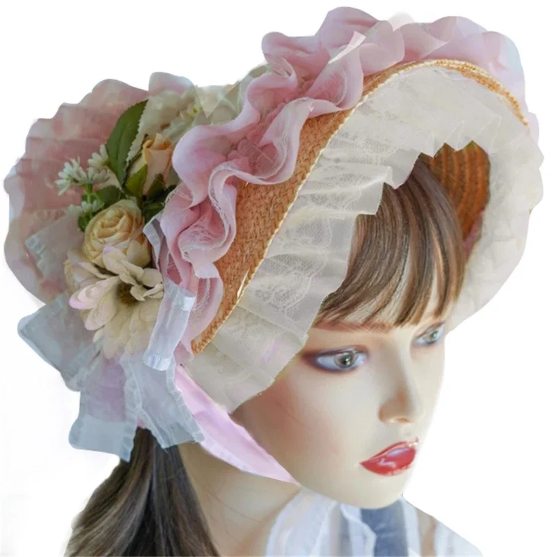 

Teas Party SunHat Floral Straw Hat Lolit Straw Hat Victorian Bonnet Lace Fascinators For Women Victorian Headdress 57BD