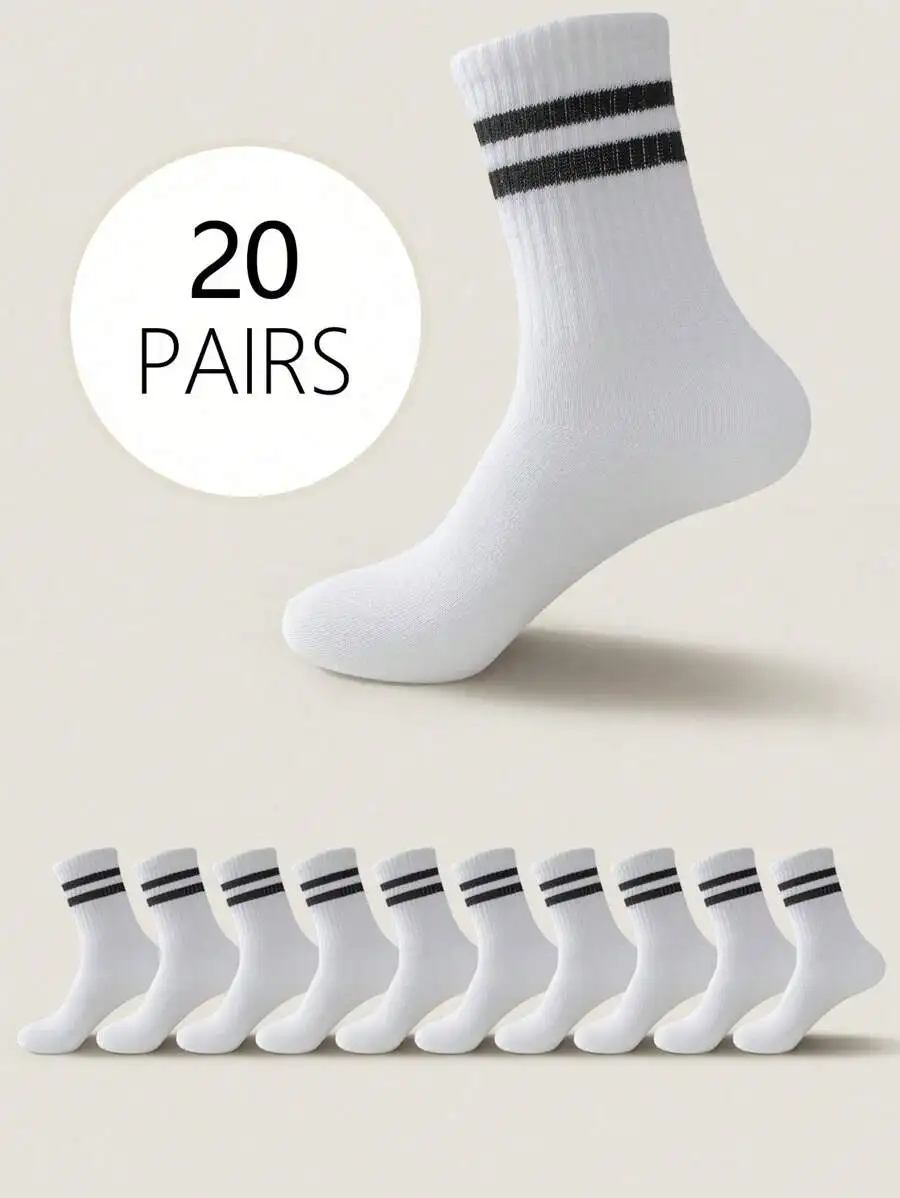 

20 Pairs White Mid-Calf Socks With Black Stripes For Men And Women Comfortable Casual Sports Crew Socks